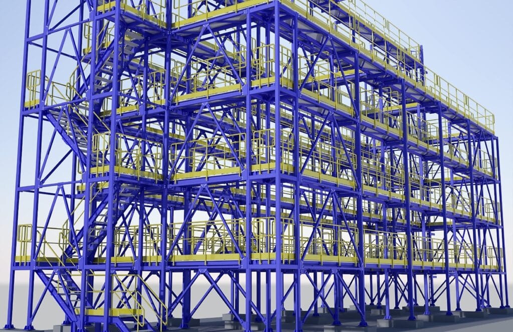 Render_Kamikon Podesty regeneratorów 01 Wizualizacja stalowej konstrukcji wsporczej pod reaktory w zakładzie przemysłowym